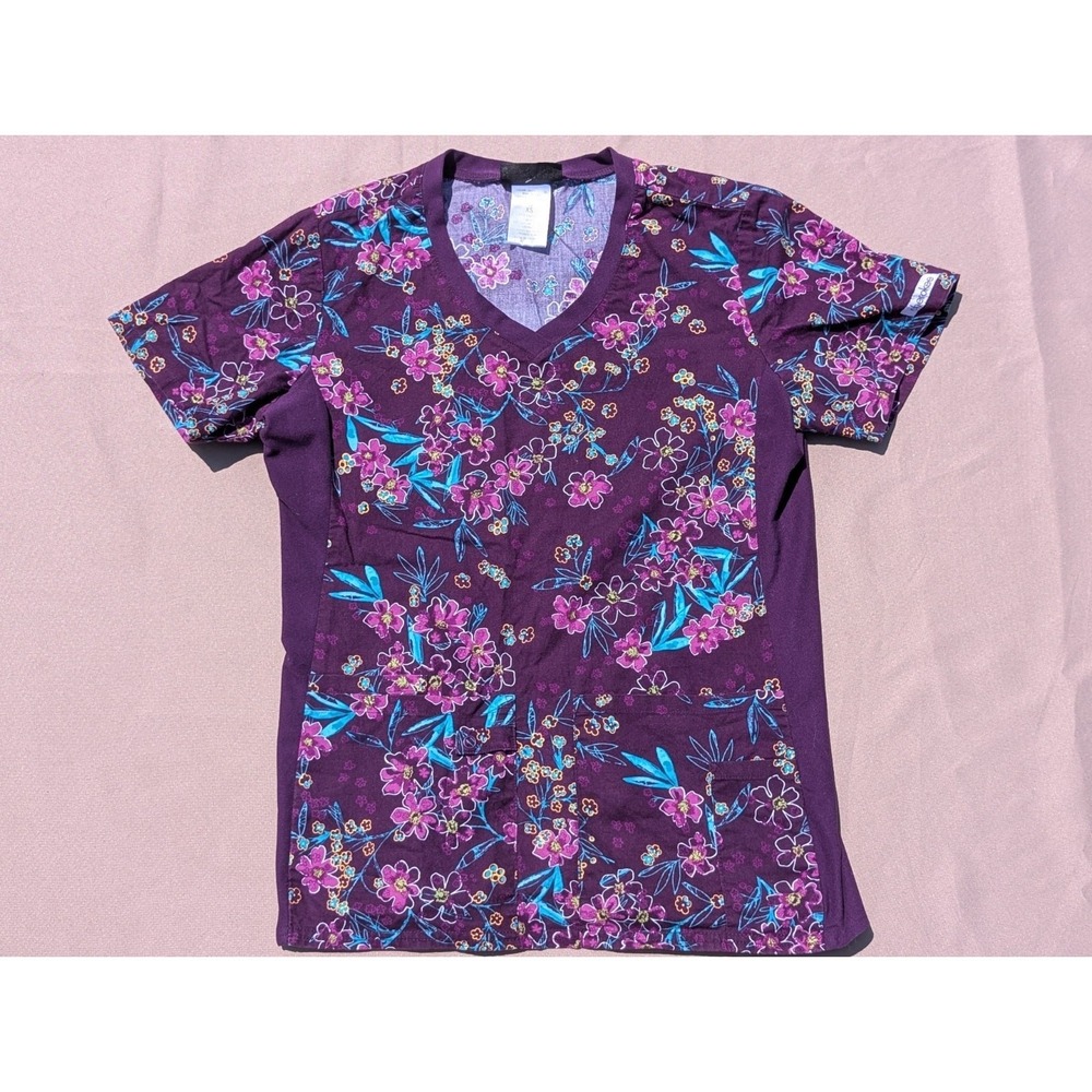 Cherokee Workwear Purple Floral Design Nursing Scrub Top Women's‎ Size XS